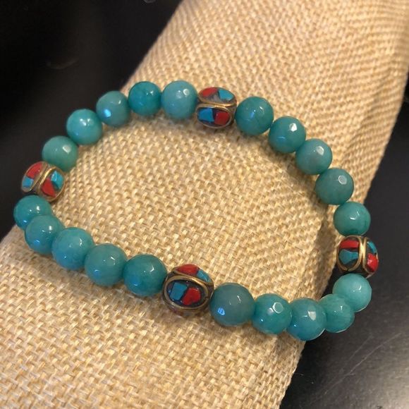 Faceted Jade Bead Bracelet w Bronze Accent Beads w Coral & Turquoise Inlay - Picture 10 of 11